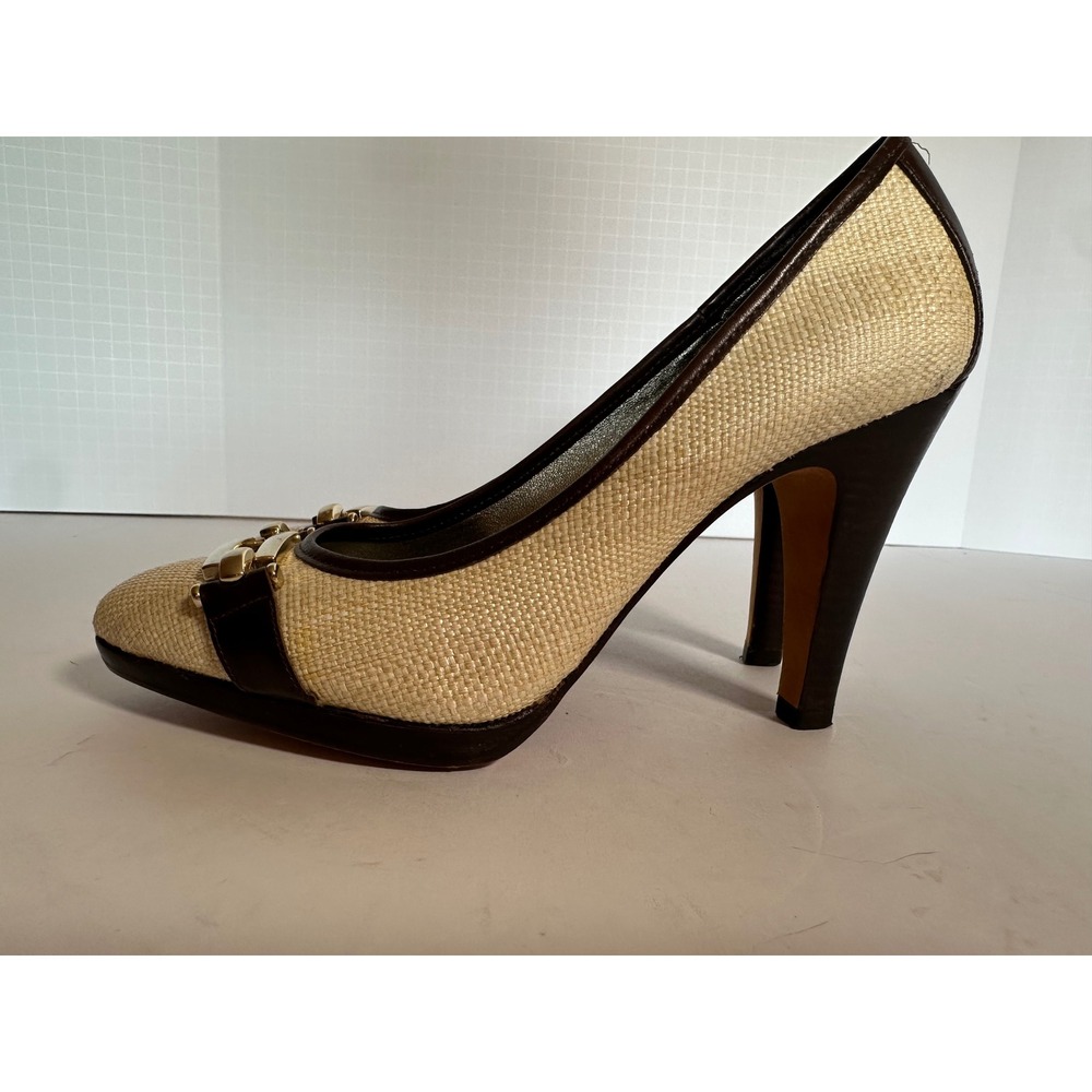 Banana Republic Woven Straw Leather Trim Buckle Pumps Brown Tan Gold Size 8.5 - Picture 4 of 6